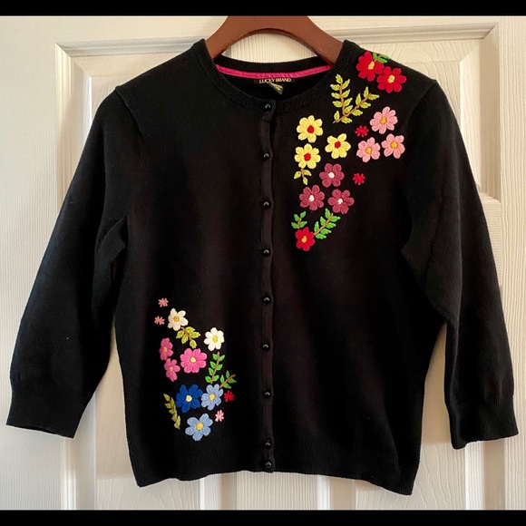 Lucky Brand Sweaters | Rare Vintage Lucky Brand Embroidered Cardigan L But Runs S | Color: Black | Size: S | Vbutterfli's Closet